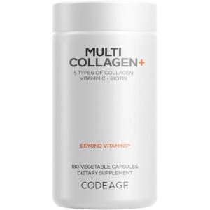 Codeage Multi Collagen+ Supplement with Vitamin C, Biotin 5000 mcg, Hyaluronic Acid, Amla Berry, BioPerine – 5 Types of Collagen Grass-Fed, Pasture-Raised – 2-Month Supply – Non-GMO – 180 Capsules