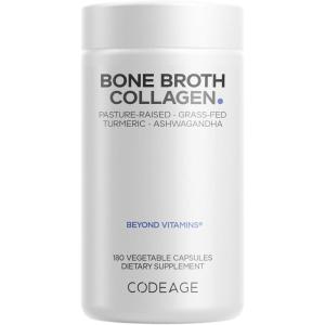 Codeage Organic Bone Broth Collagen Peptides Capsules Supplement, Bone Broth Grass Fed Beef, Free-Range Chicken, Turmeric & Ashwagandha – Collagen Types I, II, III – Non-GMO – 180 Capsules