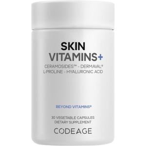 Codeage Skin Vitamins+ Supplement – Ceramosides, Dermaval, Hyaluronic Acid, Coffeeberry, Vitamin C – Skin Elasticity, Wrinkle & Moisture Support – Liposomal Delivery – Non-GMO, 30 Capsules