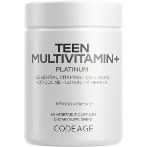 Codeage Teen Multivitamin+ Platinum Supplement – Vitamins A, C, D3, E, B6, B12, Minerals, Probiotics, Citicoline, Collagen, Bone Broth, Folate, Biotin, Lutein, Zeaxanthin – Non-GMO – 60 Capsules