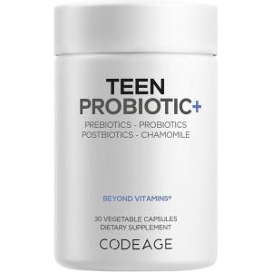 Codeage Teen Probiotic+ Supplement – 25 Billion CFU Probiotic Blend with Prebiotics, Postbiotics & Chamomile – Gut & Digestion Support for Teens and Teenagers 12 & Up – Non-GMO- 30 Capsules