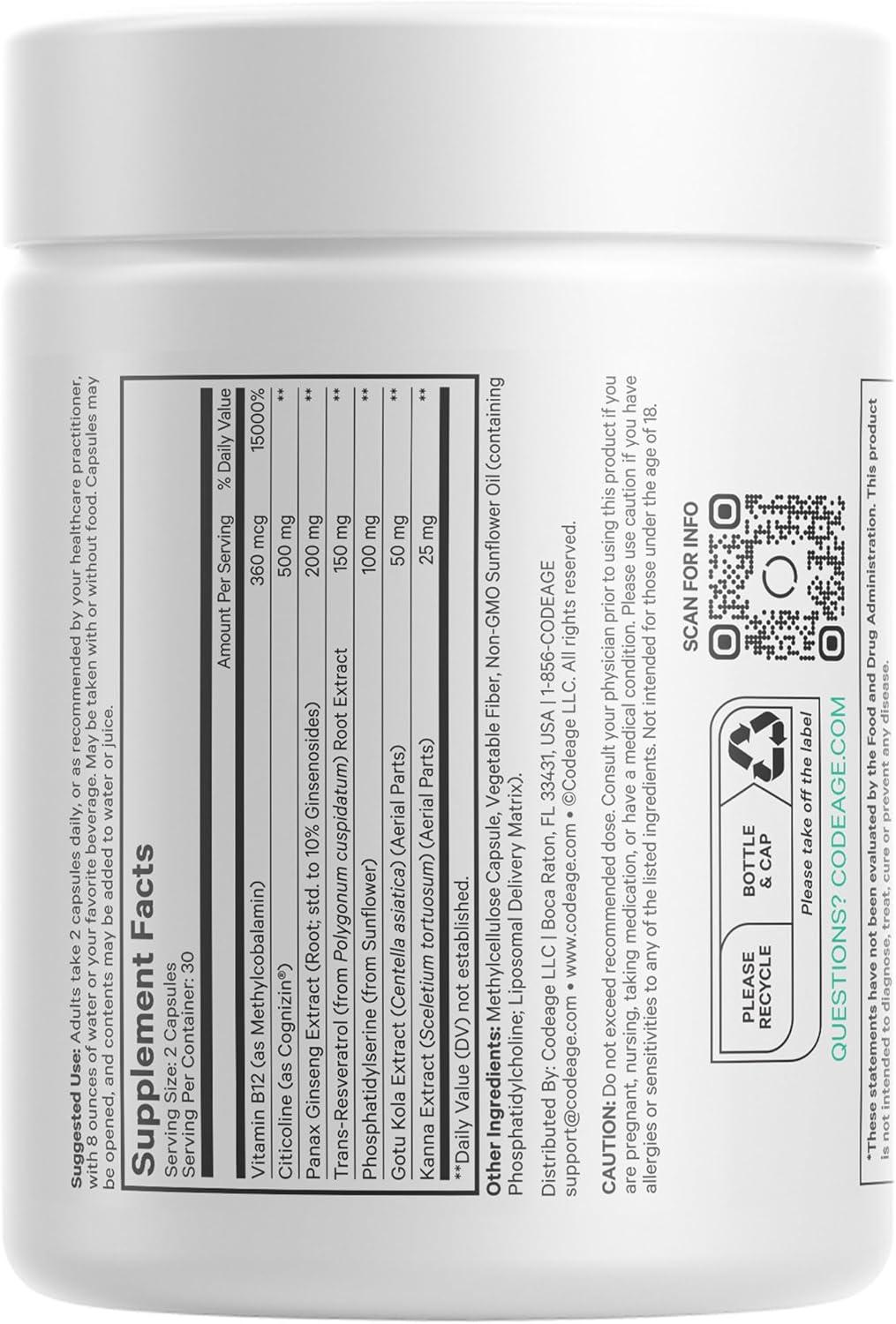 image:imageCodeage Brain Focus Vitamins Nootropic Supplement with Citicoline as Cognizin Panax Ginseng Resveratrol Gotu Kola Vitamin B12 Methylcobalamin Liposomal Delivery NonGMO 60 Capsules