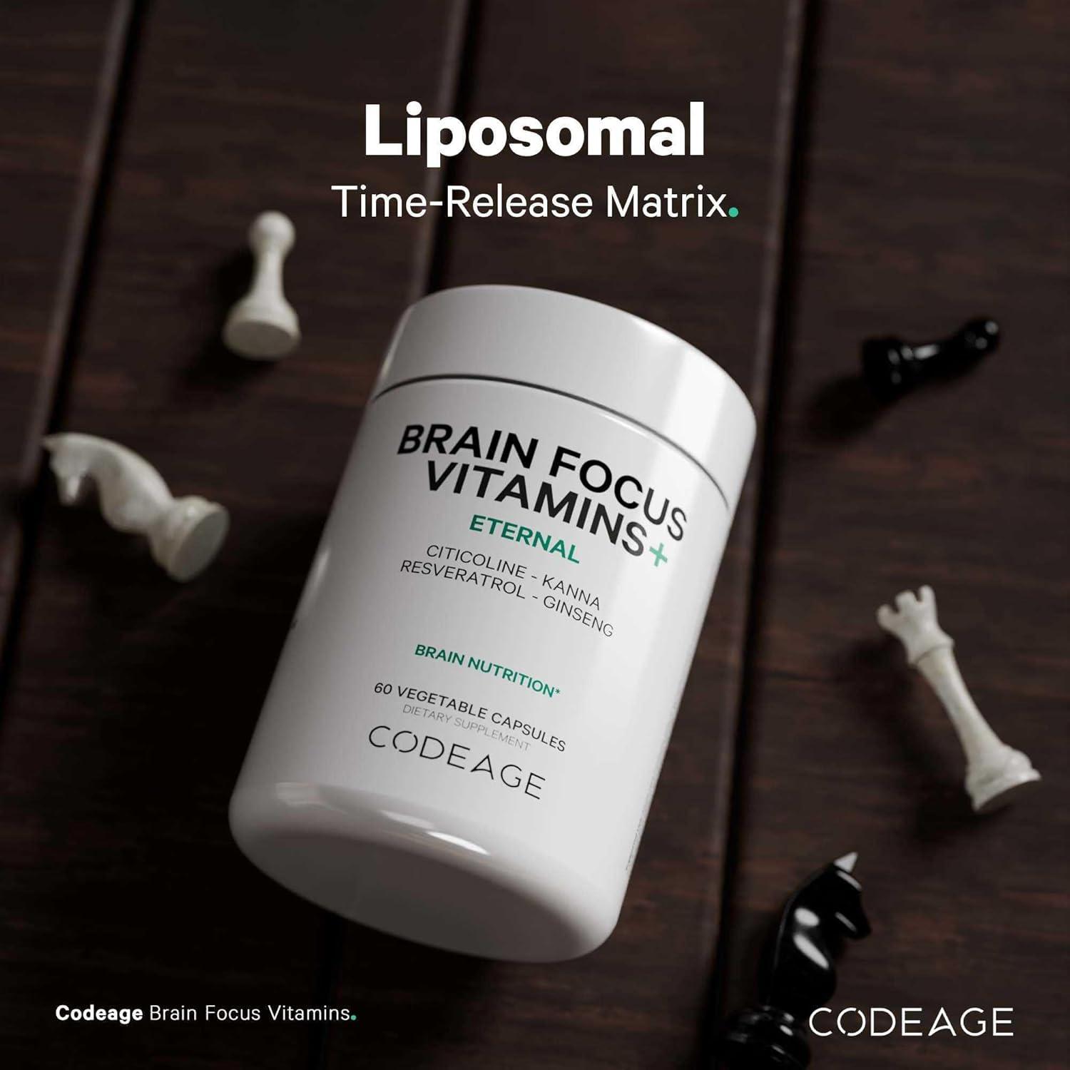 image:imageCodeage Brain Focus Vitamins Nootropic Supplement with Citicoline as Cognizin Panax Ginseng Resveratrol Gotu Kola Vitamin B12 Methylcobalamin Liposomal Delivery NonGMO 60 Capsules
