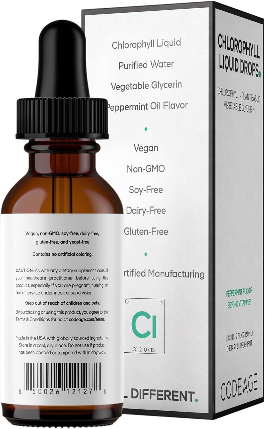 image:imageCodeage Chlorophyll Liquid Drops Supplement Vegan Chlorophyll 50 mg per Serving Organic Peppermint Flavor Clorofila Drink NonGMO GlutenFree Vegan 2 fl oz