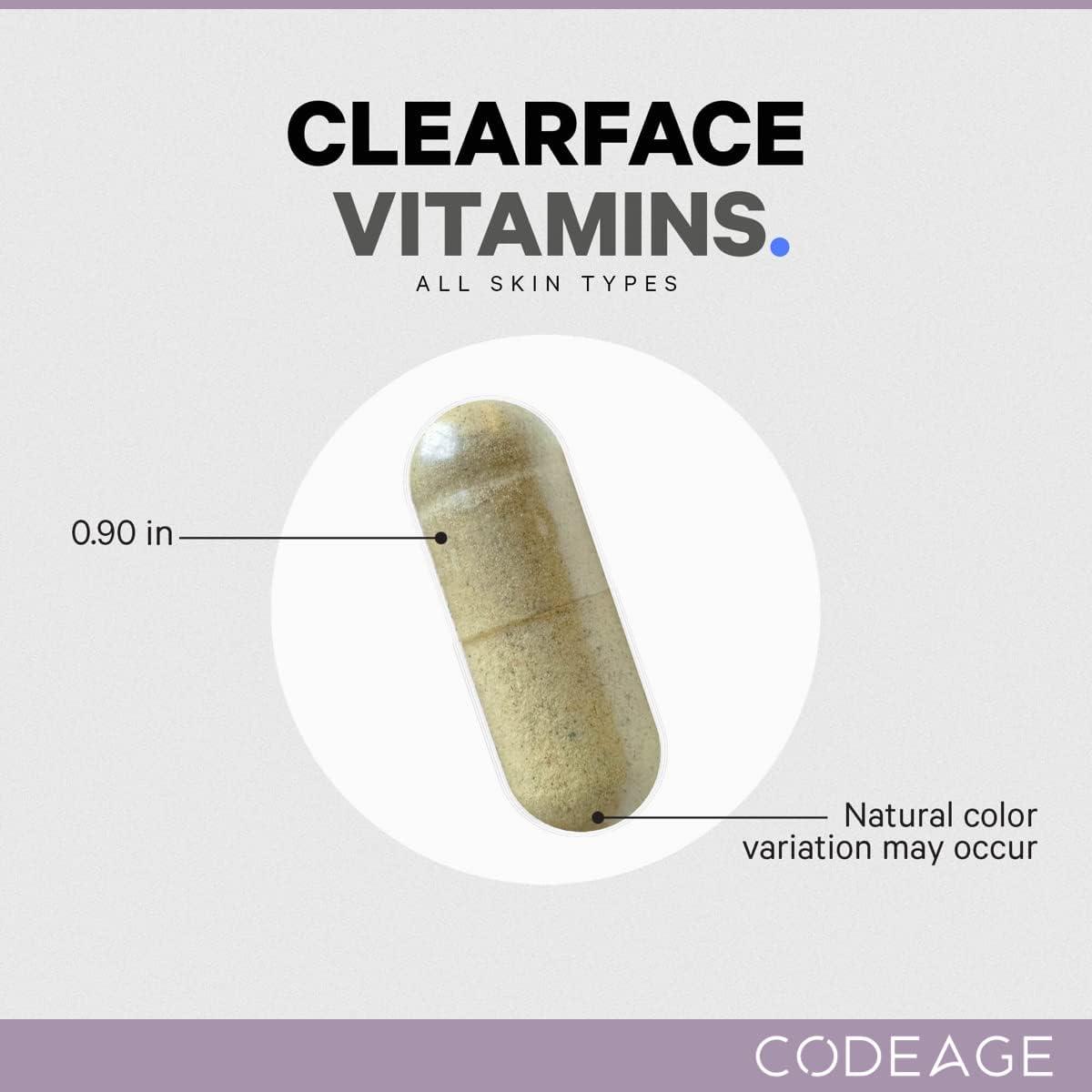 image:imageCodeage Clearface Pantothenic Acid Niacin Supplement Vitamins A C D3 E Probiotics Zinc Riboflavin Thiamin LLysine HCL amp Omega3 Niacinamide Skin Botanical Blend NonGMO 90 CapsulesWhite