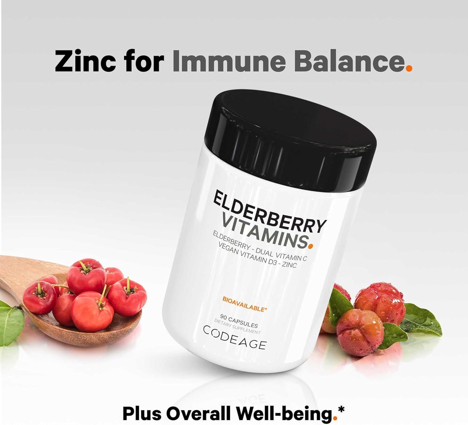 image:imageCodeage Elderberry Vitamins Organic Fermented Elderberry Blend Vitamin C from Ascorbic Acid amp Organic Acerola Cherries Vitamin D3 Zinc Sambucus Berries 90 Capsules