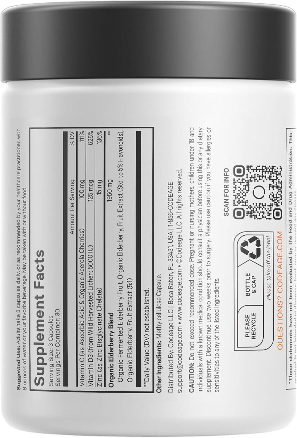 image:imageCodeage Elderberry Vitamins Organic Fermented Elderberry Blend Vitamin C from Ascorbic Acid amp Organic Acerola Cherries Vitamin D3 Zinc Sambucus Berries 90 Capsules