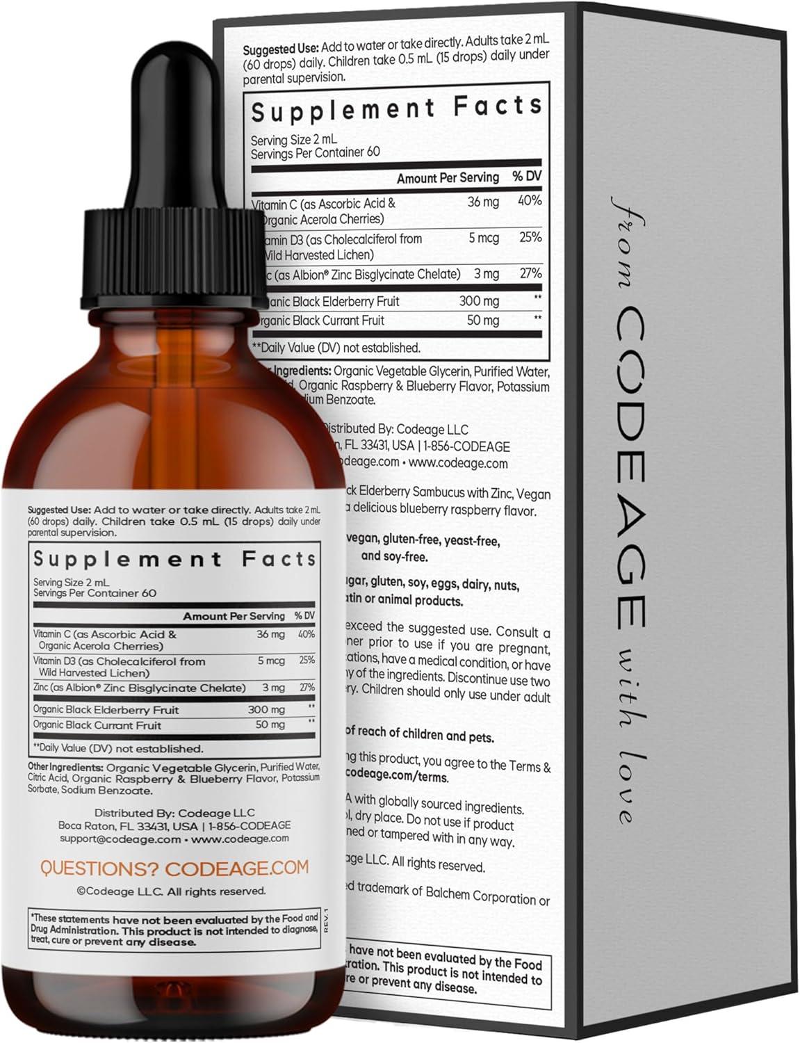 image:imageCodeage Elderberry Vitamins Pro Organic Black Elderberry Liquid Drops Vitamin C D3 Zinc Black Currant 2Month Supply Black Sambucus Liquid Supplement for Adults amp Kids 4 fl oz