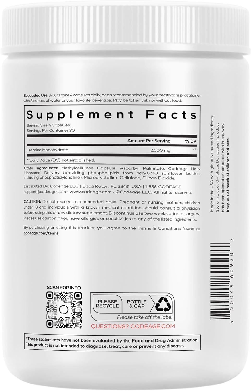 image:imageCodeage Liposomal Creatine Monohydrate Supplement Pure Creatine 2500mg 3 Months Supply Micronized Creatinine Muscles Sports Nutrition and Athletes NonGMO 360 Capsules