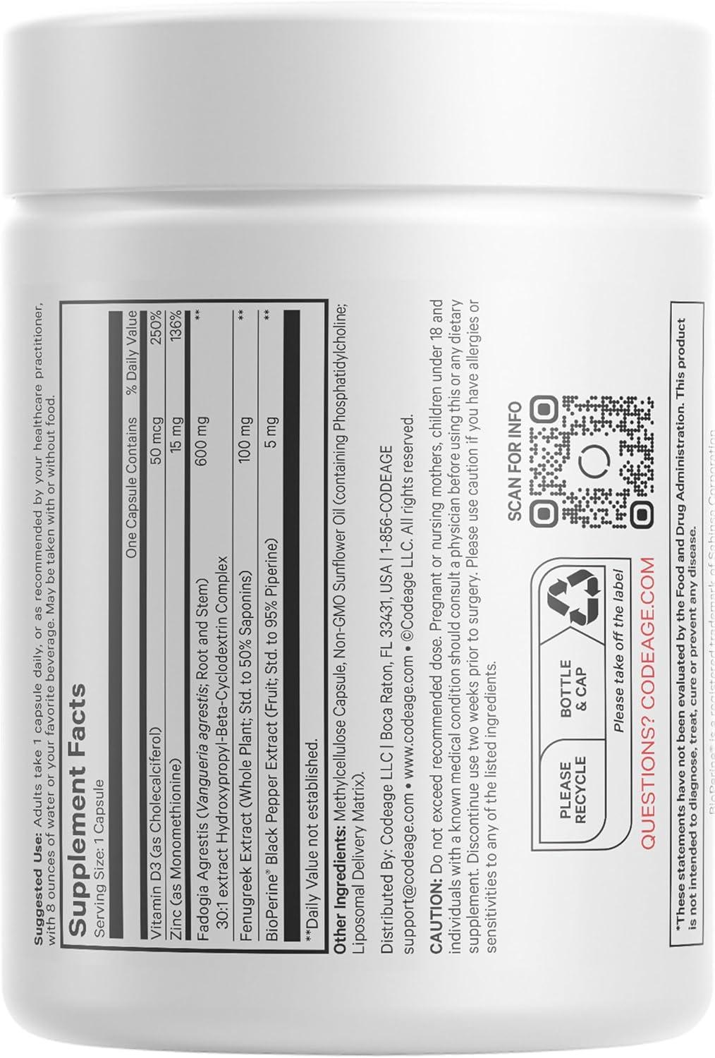 image:imageCodeage Liposomal Fadogia Agrestis 600mg Supplement Fadogia Agrestis 301 Extract Vitamin D3 Zinc Fenugreek BioPerine Black Pepper 2Month Supply Liposomal Delivery NonGMO 60 Capsules