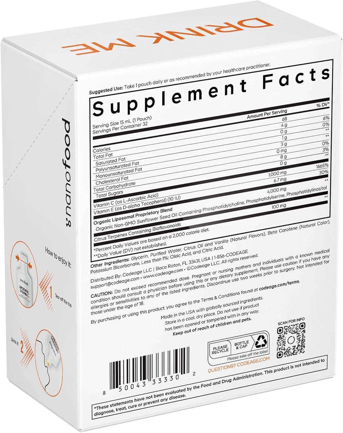 image:imageCodeage Liposomal Vitamin C Liquid 1000mg Vitamin C 4000mg Essential Phospholipids Supplement For Daily Immune Support Liposomes For Absorption Citrus Bioflavonoids Vitamin E NonGMO 32 Pouches