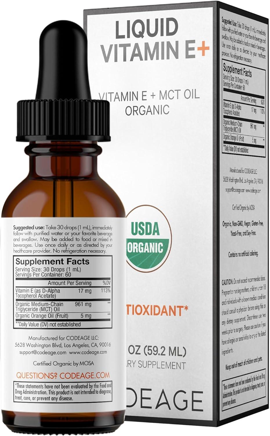 image:imageCodeage Liquid Vitamin E USDACertified Organic Vitamin E 2Month Supply DAlpha Tocopherol Acetate Organic MCT Oil Orange Fruit Oil Unflavored NonGMO Vegan GlutenFree 2 fl ozLiquid