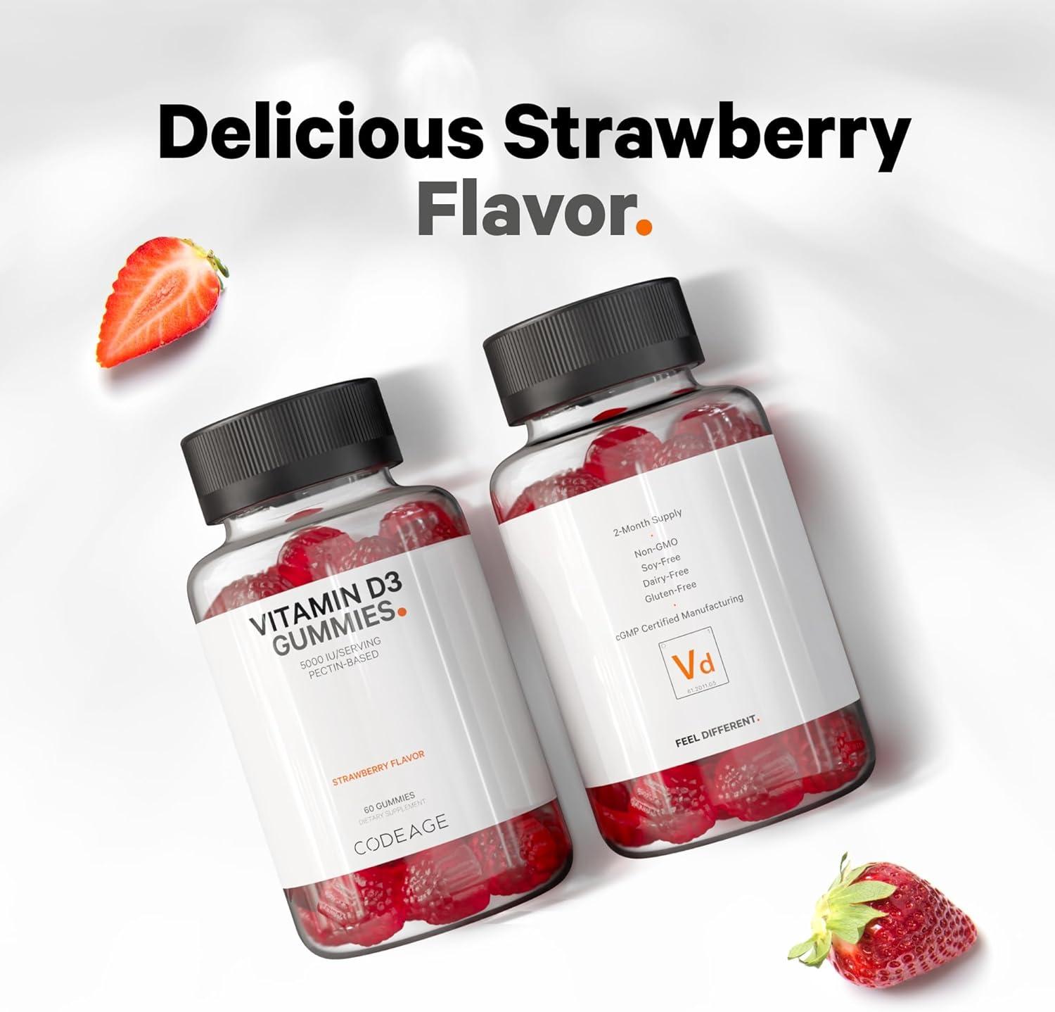 image:imageCodeage Vitamin D3 Gummy Vitamins Vitamin D3 5000 IU Gummies Cholecalciferol 125 mcg Soft PectinBased Animal GelatinFree Gummy Gummies Vitamins Tasty Strawberry NonGMO 2Pack