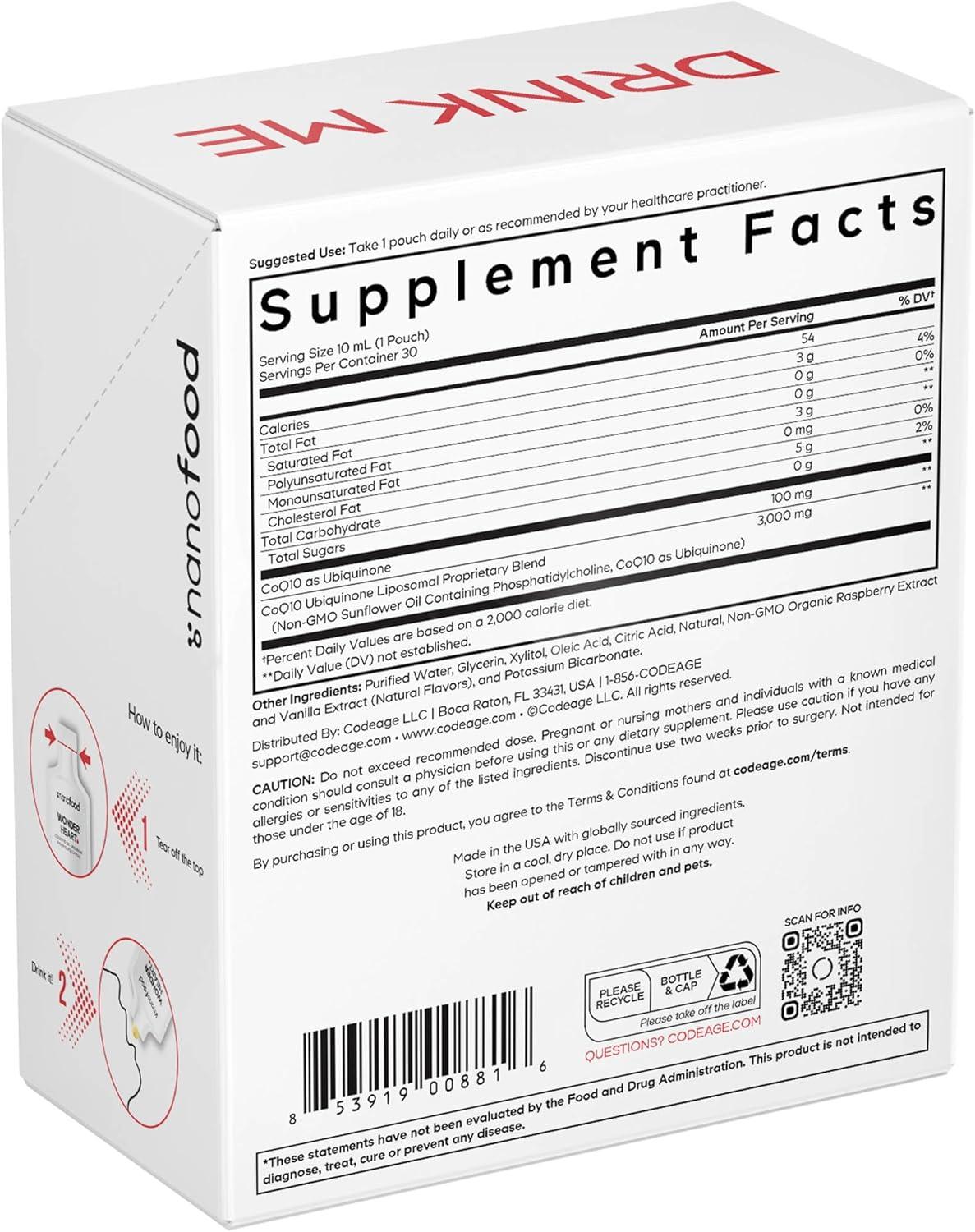 image:imageCodeage Wonder Heart Liquid CoQ10 Liposomal Ubiquinone Supplement Coenzyme Q10 Heart Vitamins NonGMO Sunflower Phosphatidylcholine Vegan Blend Raspberry Flavored Softgel Pack of 30 Pouches