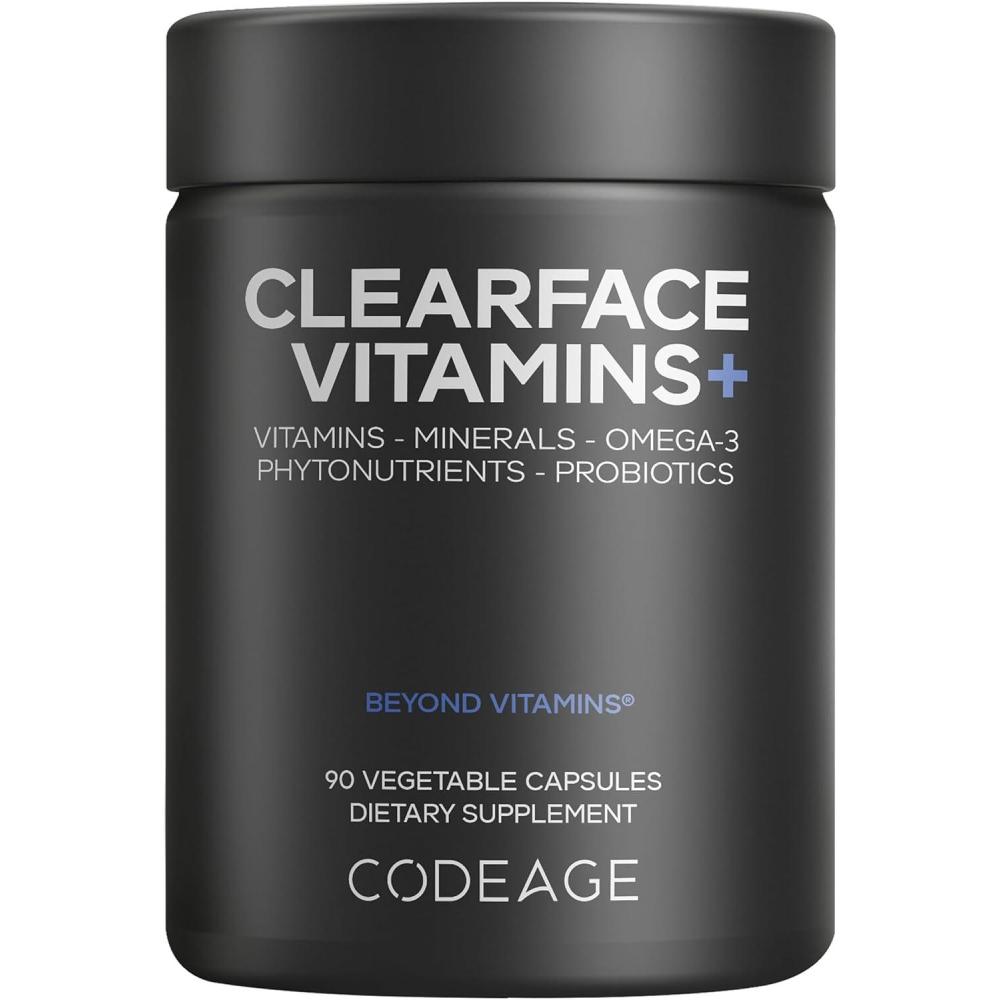 image:imageCodeage Clearface Pantothenic Acid Niacin Supplement Vitamins A C D3 E Probiotics Zinc Riboflavin Thiamin LLysine HCL amp Omega3 Niacinamide Skin Botanical Blend NonGMO 90 CapsulesBlack