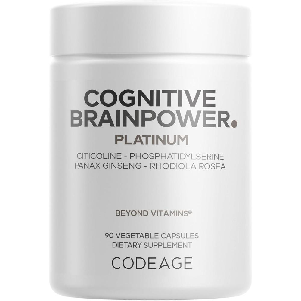 image:imageCodeage Cognitive Brainpower Platinum Supplement  Cognizin Citicoline KSM66 Ashwagandha Panax Ginseng Rhodiola Phosphatidylserine Ginkgo Ubiquinol CoQ10 Liposomal  NonGMO  90 Capsules