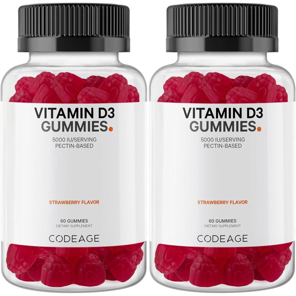 image:imageCodeage Vitamin D3 Gummy Vitamins Vitamin D3 5000 IU Gummies Cholecalciferol 125 mcg Soft PectinBased Animal GelatinFree Gummy Gummies Vitamins Tasty Strawberry NonGMO 2Pack