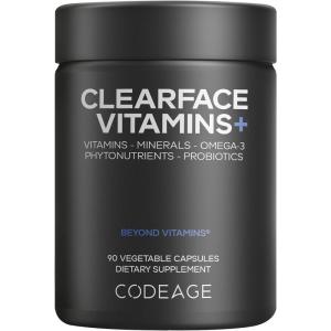 Codeage Clearface Pantothenic Acid, Niacin Supplement, Vitamins A, C, D3, E, Probiotics, Zinc, Riboflavin, Thiamin, L-Lysine HCL & Omega-3, Niacinamide, Skin Botanical Blend – Non-GMO – 90 Capsules(Black)