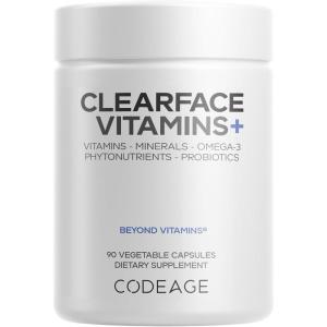 Codeage Clearface Pantothenic Acid, Niacin Supplement, Vitamins A, C, D3, E, Probiotics, Zinc, Riboflavin, Thiamin, L-Lysine HCL & Omega-3, Niacinamide, Skin Botanical Blend – Non-GMO – 90 Capsules(White)