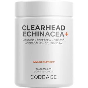 Codeage Clearhead Echinacea+ Supplement – Echinacea, Schisandra, Feverfew, Coptis, American Ginseng, Astragalus, Garlic, Probiotics, Vitamins C & D3, Zinc, Selenium – Clear Head Vitamin – 90 Capsules