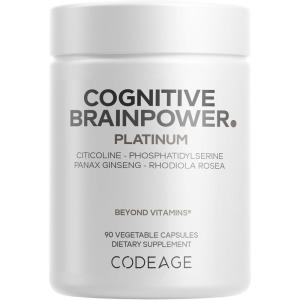 Codeage Cognitive Brainpower Platinum Supplement – Cognizin Citicoline, KSM-66 Ashwagandha, Panax Ginseng, Rhodiola, Phosphatidylserine, Ginkgo, Ubiquinol CoQ10, Liposomal – Non-GMO – 90 Capsules