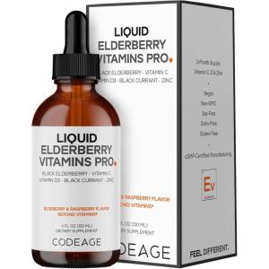 Codeage Elderberry Vitamins Pro – Organic Black Elderberry Liquid Drops – Vitamin C, D3, Zinc, Black Currant – 2-Month Supply – Black Sambucus Liquid – Supplement for Adults & Kids – 4 fl oz