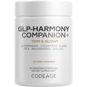 Codeage GLP-Harmony Companion+ Supplement – GLP-1 Agonist Support – Lion’s Mane, Pea, Colostrum, Shilajit, Akkermansia, Elder, Citrus Bioflavonoids, Broccoli, Resveratrol – Non-GMO – 60 Capsules