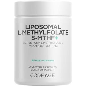 Codeage Liposomal L-Methylfolate 5-MTHF+ – Active Vitamin B9, Methylcobalamin B12, Betaine TMG, B6-2-Month Supply Multivitamins – Liposomal Delivery – Bioavailable B-Vitamin Complex – 60 Capsules