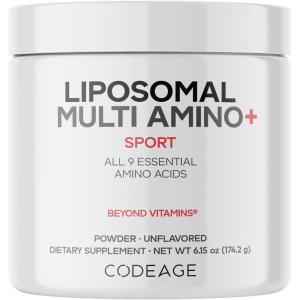 Codeage Liposomal Multi Amino Powder Supplement – BCAA & EAA Supplement All 9 Essential Amino Acids, Branched-Chain Amino Acid, Pre & Post Workout, Unflavored, Liposomal Delivery, Non-GMO, 6.15 oz