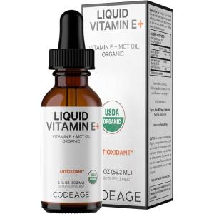 Codeage Liquid Vitamin E+ – USDA-Certified Organic Vitamin E – 2-Month Supply – D-Alpha Tocopherol Acetate, Organic MCT Oil, Orange Fruit Oil, Unflavored, Non-GMO, Vegan, Gluten-Free, 2 fl oz(Liquid)