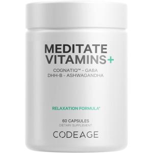 Codeage Meditate Vitamins+ Supplement – CognatiQ, DHH-B, GABA, Ashwagandha, Organic Mushrooms, Blueberries – BDNF Brain Pills and Neuroprotein – Vegan, Non-GMO, Gluten-Free – 60 Capsules