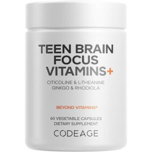 Codeage Teen Brain Focus Vitamins+ Citicoline Cognizin, L-Theanine, Ginkgo, Rhodiola, Lavender, Magnesium, Vitamin B6, B12, Folate – 2-Month Supply – 12-18 Years – Liposomal Supplement – 60 Capsules