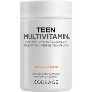 Codeage Teen Multivitamin – Vitamins A, C, D3, B6, B12, Folate, Zinc, Magnesium, Iron, Probiotics, Fermented Spinach – Multivitamins for Teenage Boys and Girls – Non-GMO, Gluten-Free – 30 Capsules
