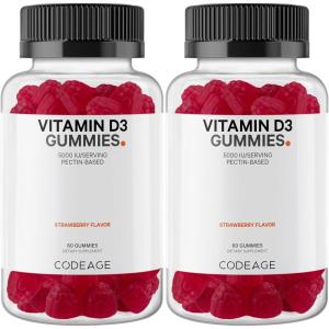 Codeage Vitamin D3 Gummy Vitamins, Vitamin D3 5000 IU Gummies Cholecalciferol 125 mcg, Soft Pectin-Based, Animal Gelatin-Free Gummy, Gummies Vitamins, Tasty Strawberry, Non-GMO – 2-Pack