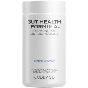 Codeage Gut Health Supplements Vegan Formula – L Glutamine, Zinc, Turkey Tail Mushroom Powder, Tonic Mushroom, Maitake, Micro Algae, Mineral, Licorice Root DGL – Probiotics, Prebiotics – 180 Capsules