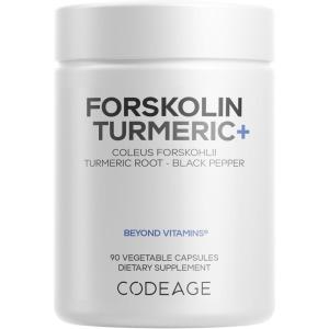 Codeage Forskolin, Pure Forskolin Coleus + Organic Turmeric Root Powder, 95% Curcuminoids + Bioperine Black Pepper – 20% Standardized Coleus Forskohlii Supplement – Non-GMO – 90 Capsules