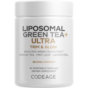 Codeage Liposomal Green Tea+ Ultra Potency – EGCG 90% Green Tea Extract, Organic Matcha Green Powder, Peppermint, Lemon Peel – Vegan, Non-GMO, Gluten-Free – Liposomal Delivery – 60 Capsules