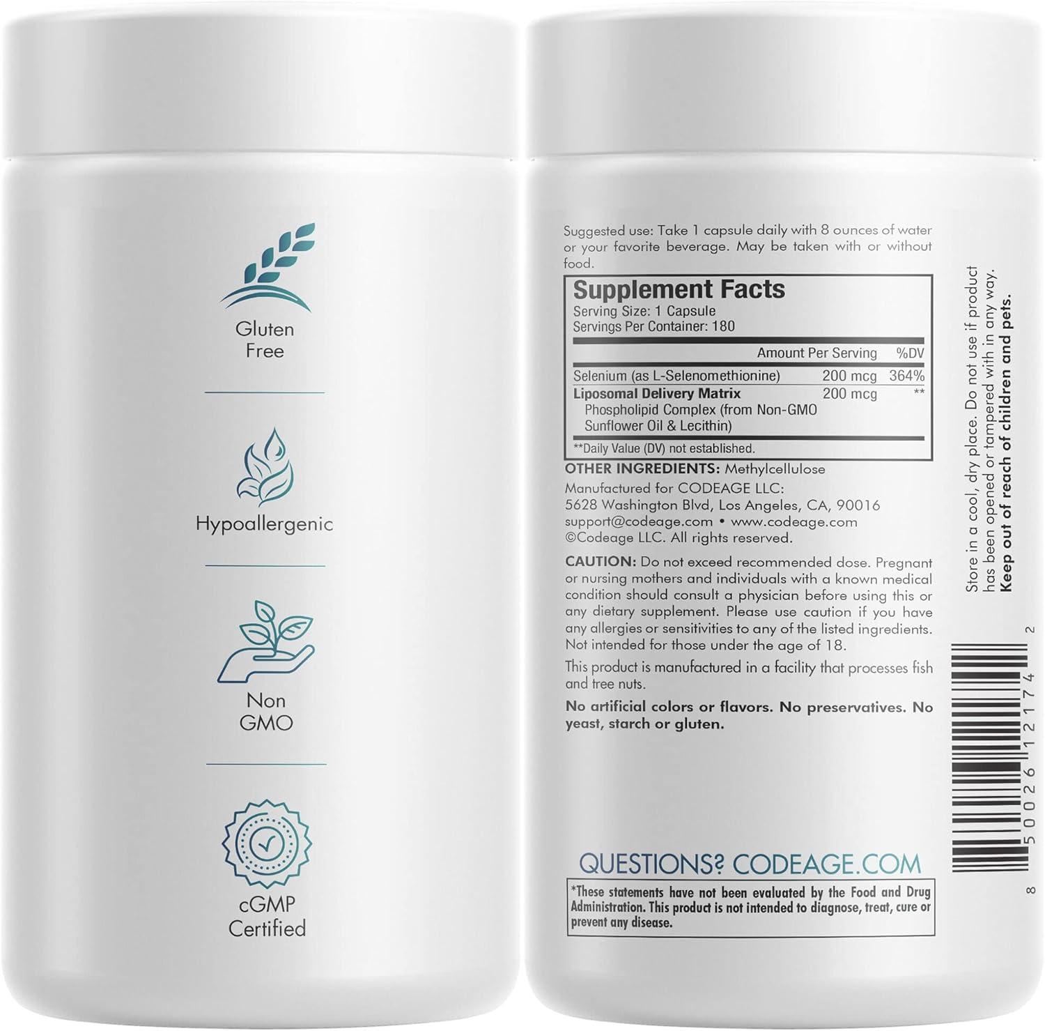 image:imageCodeage Selenium 200 mcg Supplement 6Month Supply Immune Support Mineral Cofactor Selenomethionine Phospholipids Vegan Liposomal Delivery 2 Pack