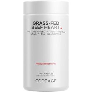 Codeage Grass Fed Beef Heart Supplement – Freeze Dried, Non-Defatted, Desiccated Glandular Supplements – Bovine Meat & Liver Pills – Beef Vitamins for Heart – Non-GMO -180 Capsules