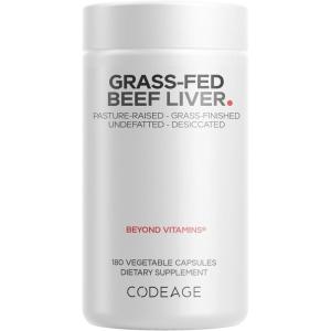 Codeage Grass Fed Beef Liver Supplement Superfood, Freeze Dried, Non-Defatted, Desiccated Glandulars Bovine Pills, Pasture Raised Beef Vitamins, Non-GMO Liver Meat, 180 Capsules