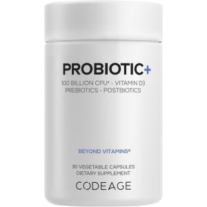 Codeage Probiotic+ 100 Billion CFU Supplement – 12-Strain Probiotic Blend, Organic Prebiotic Fiber, Postbiotics, Vitamin D3, Zinc Bisglycinate, Quercetin – for Men & Women – Non-GMO- 30 Capsules