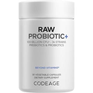 Codeage Raw Probiotic+ – 100 Billion CFU Probiotic Supplement with 34 Strains, Prebiotics & Digestive Enzymes, Wild Kefir Culture, Non-GMO – 30 Capsules