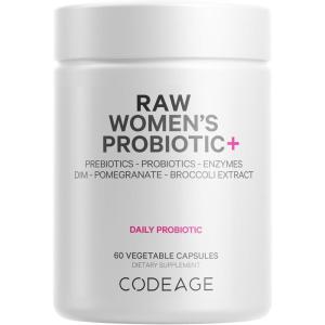 Codeage Raw Women’s Probiotic+ Supplement – 34 Probiotic Strains, 100 Billion CFUs, Digestive Enzymes, Prebiotic Blend, DIM, Herbal Extracts, Phytonutrients – Non-GMO – 30 Capsules