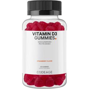 Codeage Vitamin D3 Gummy Vitamins, Vitamin D3 5000 IU Gummies Cholecalciferol 125 mcg – 2-Month Supply – Soft Pectin-Based, Animal Gelatin-Free Vitamins Gummy, Strawberry, Gluten-Free – 60 Gummies