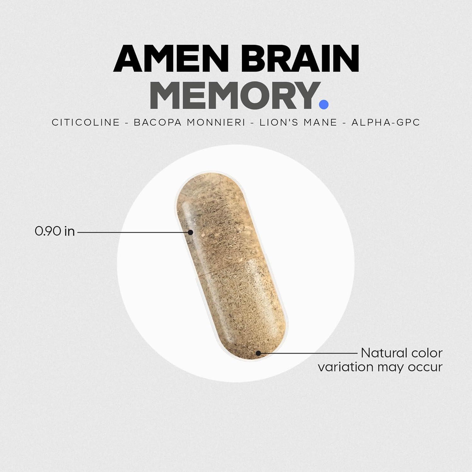 image:imageAmen Brain Memory Supplement Bacopa Lions Mane AlphaGPC Citicoline Phosphatidylserine Rhodiola Ginkgo BioPerine Huperzine A NSF Certified Cognition amp Mind Vitamins NonGMO 60 Capsules