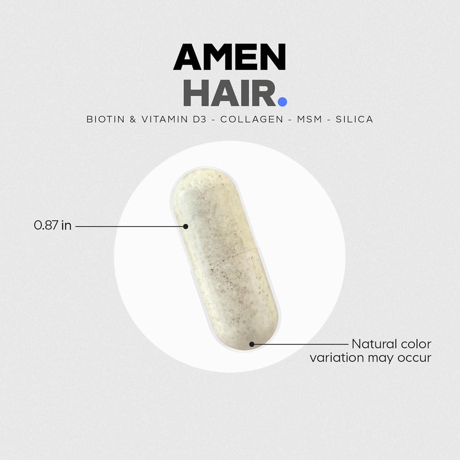 image:imageAmen Hair Vitamins 10000 mcg Biotin Collagen Powder Vitamin C D3 amp E Pantothenic Acid MSM Zinc Hyaluronic Acid Inositol amp Horsetail Extract NonGMO Hair Pill Supplements 60 Capsules