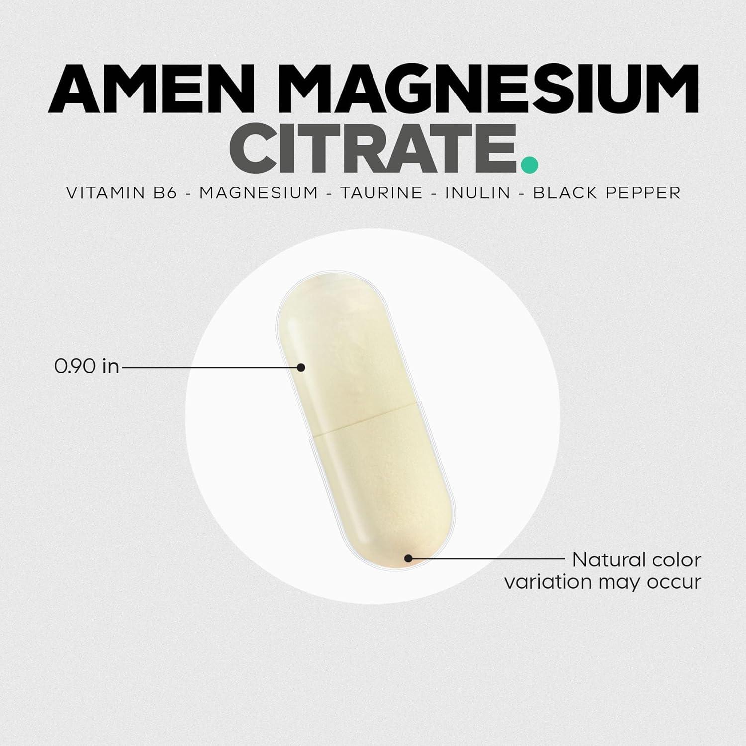 image:imageAmen Magnesium Citrate Supplement Magnesium Pills with Vitamin B6 P5P Taurine Inulin Bioperine Black Pepper GlutenFree NonGMO 60 Capsules