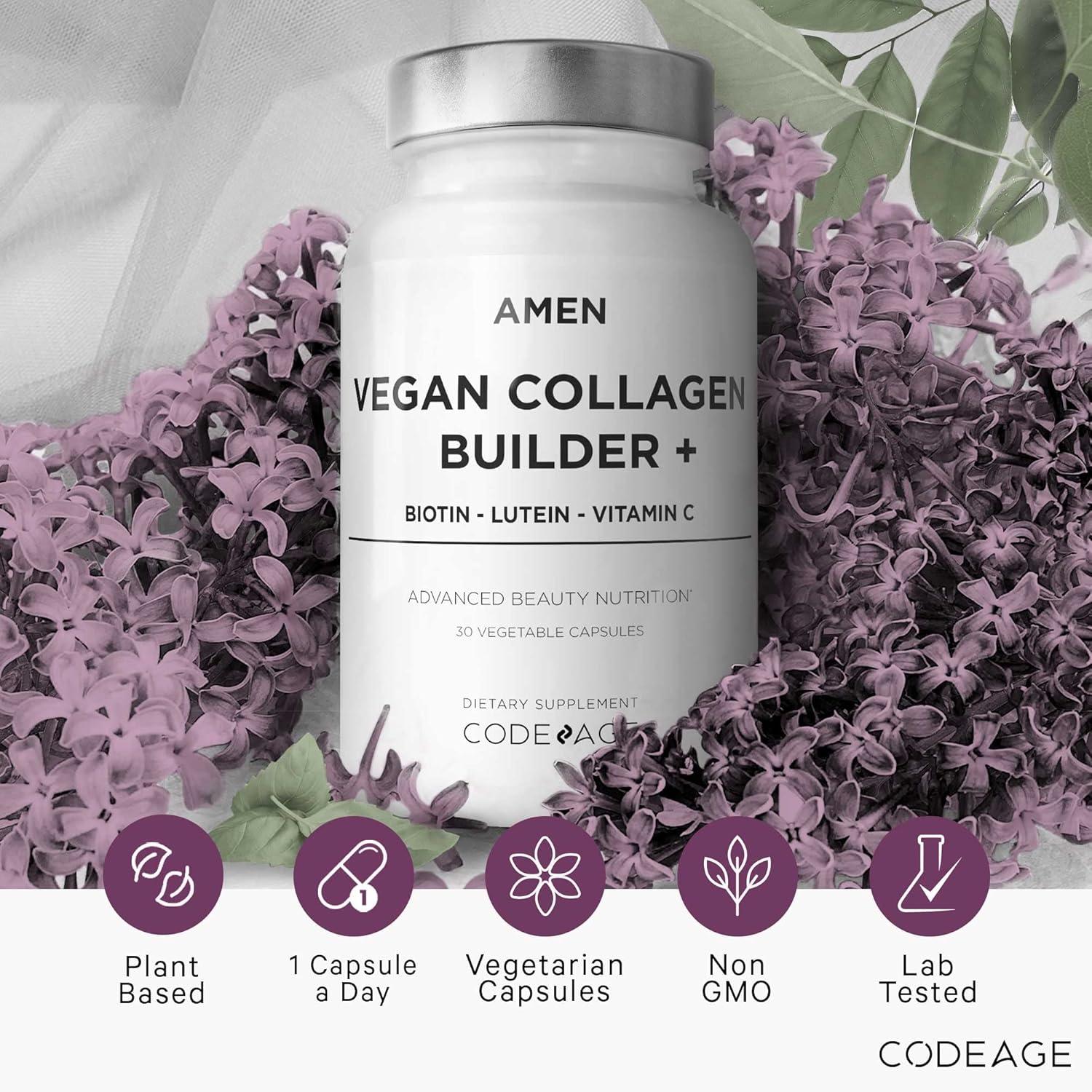 image:imageAmen PlantBased Vegan Collagen Builder Supplement Organic Whole Foods Lutein Vitamin C Biotin Lysine Proline Collagen Boosters Organic Cranberry Lemon Strawberry Once A Day 30 Capsules