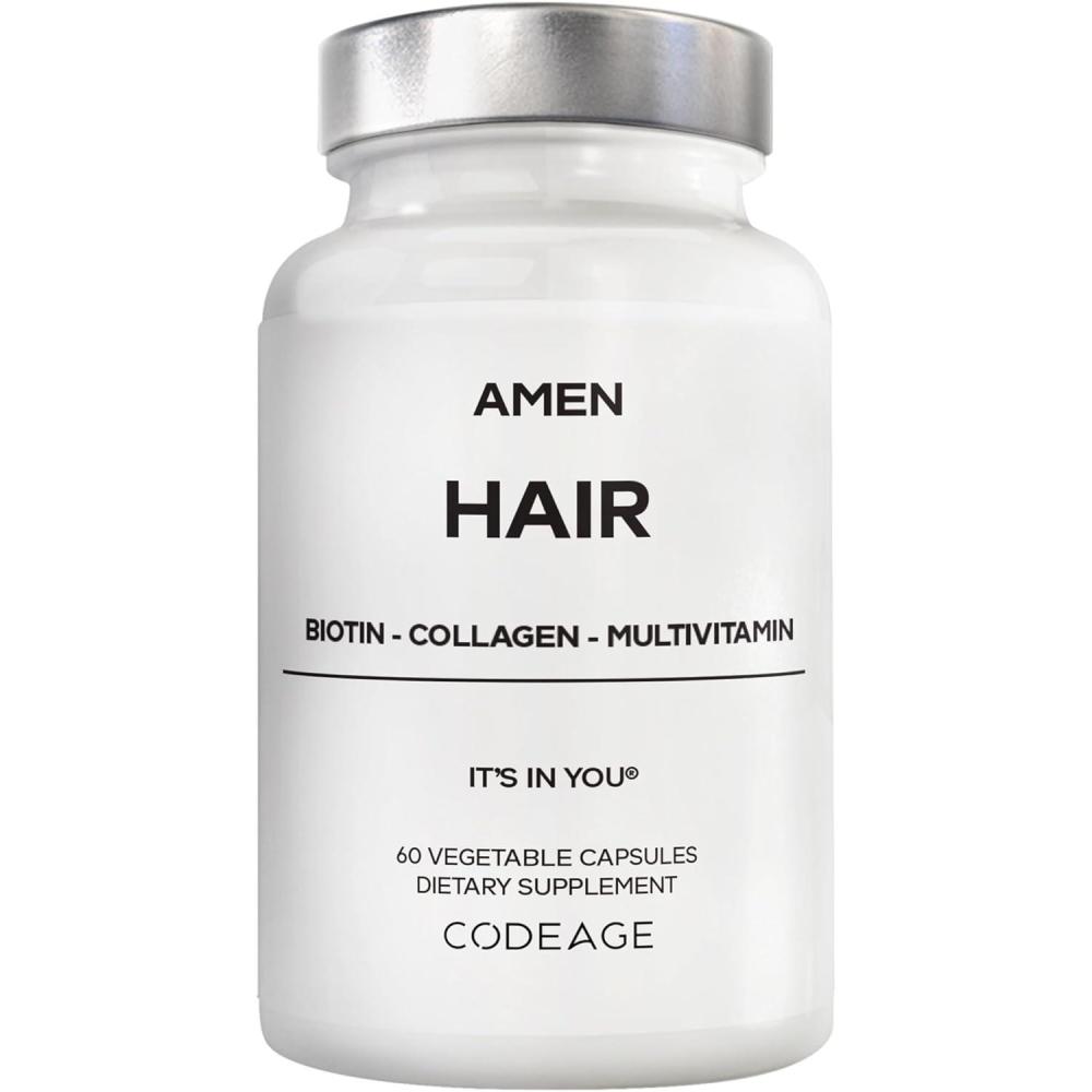 image:imageAmen Hair Vitamins 10000 mcg Biotin Collagen Powder Vitamin C D3 amp E Pantothenic Acid MSM Zinc Hyaluronic Acid Inositol amp Horsetail Extract NonGMO Hair Pill Supplements 60 Capsules
