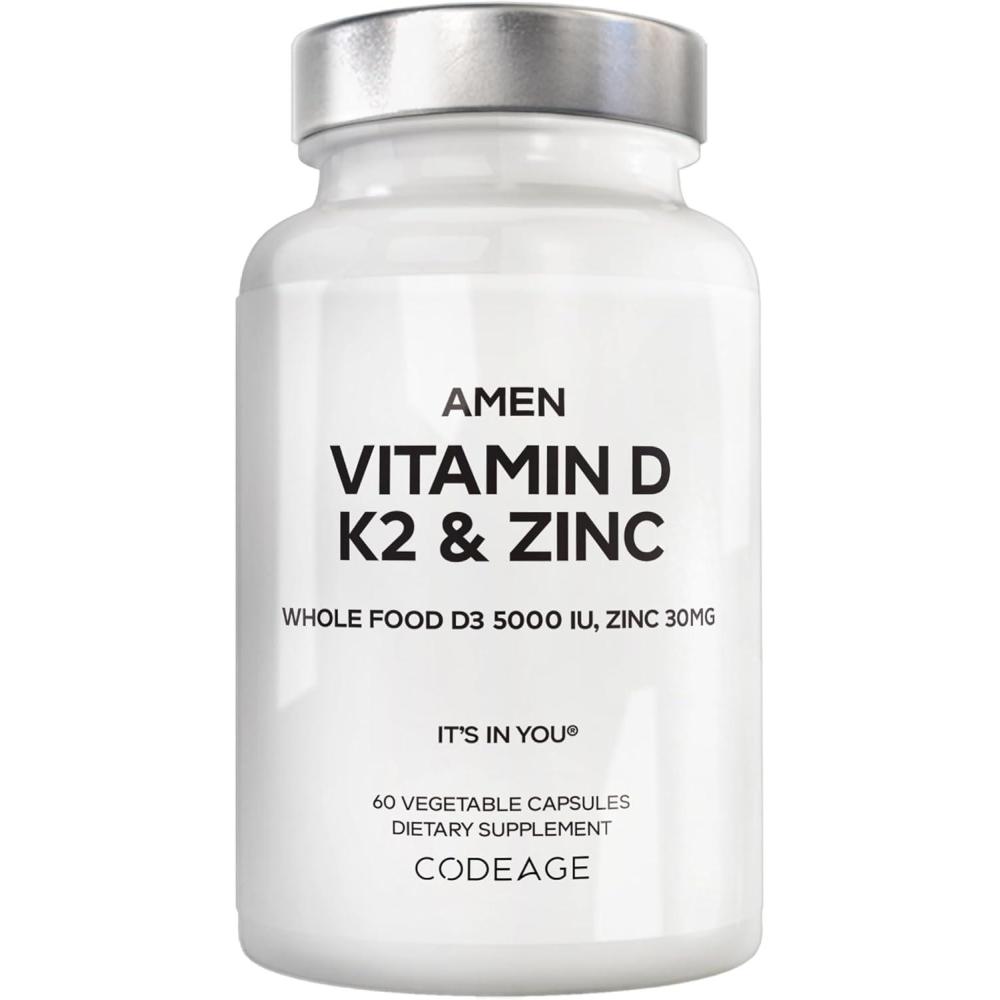image:imageAmen Vitamin D K2 amp Zinc Cholecalciferol D3 5000 IU Organic Whole Food Blend with Apple Blueberry Cranberry Elderberry Powder Fruits Vegan Supplement D3 K2 Vitamins NonGMO  60 Capsules